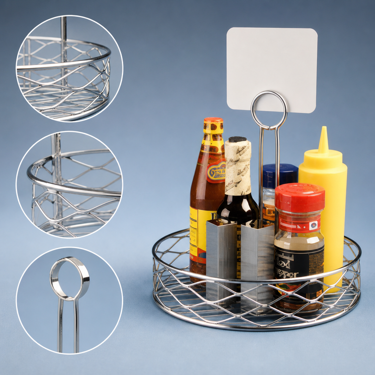 Product image #3 for Birdnest 6-Inch Round Wire Condiment Rack with Center Handle and Table Number Slot, Chrome Finish