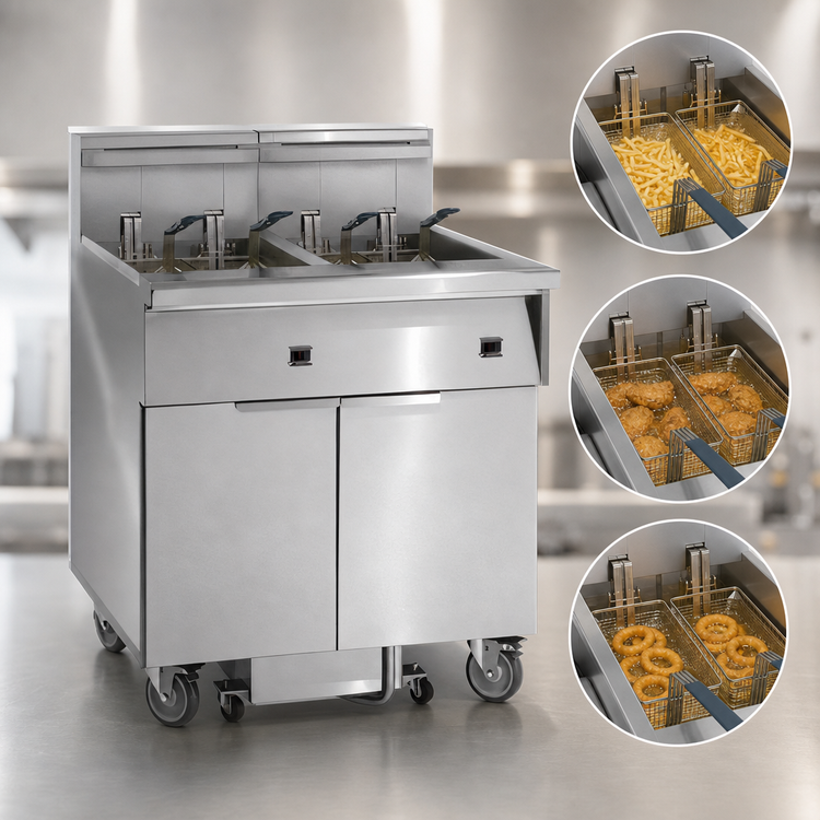 Product image #3 for Electric Floor Fryer with 3 Tanks, 50 lb. Capacity Each, Built-In Space Saver Filter System
