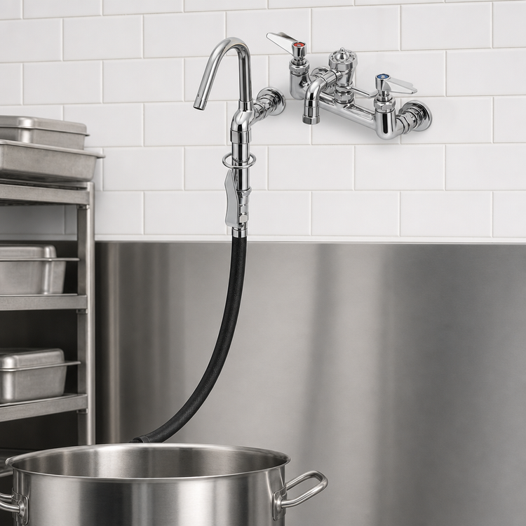 Product image #3 for T&S Brass Wall-Mount Pot & Kettle Filler Faucet, 8" Centers, 108" Hose, Self-Closing Hook Nozzle