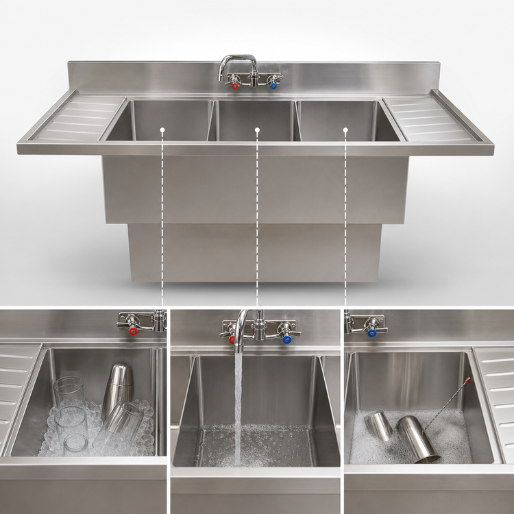Product image #4 for BK Resources Slim-Line Three-Compartment Underbar Sink with Dual Drainboards, 84 Inch