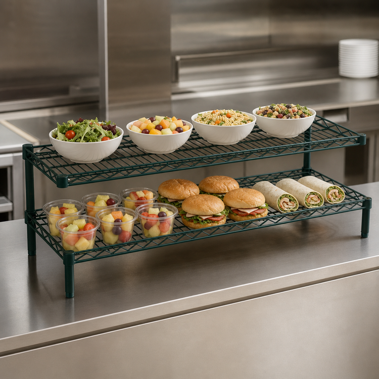 Product image #3 for Eagle Group QuadTruss 2-Tier Front Case Merchandise Cantilevered Shelving Unit, 60W x 14D x 14H, Green Epoxy