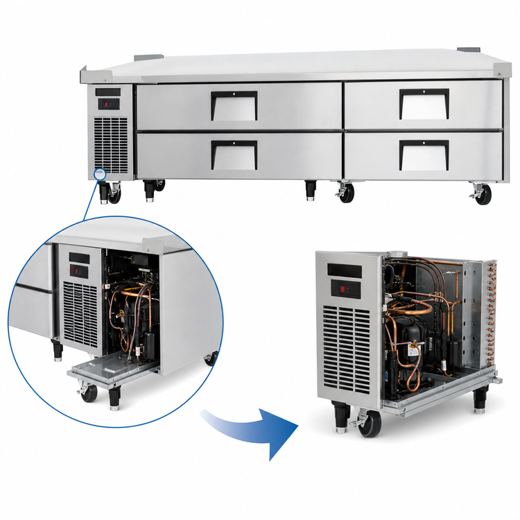 Product image #3 for Everest Refrigeration Two-Section Four-Drawer Chef Base Refrigerator, 86-1/4 Inch Wide, Side-Mounted Self-Contained R290