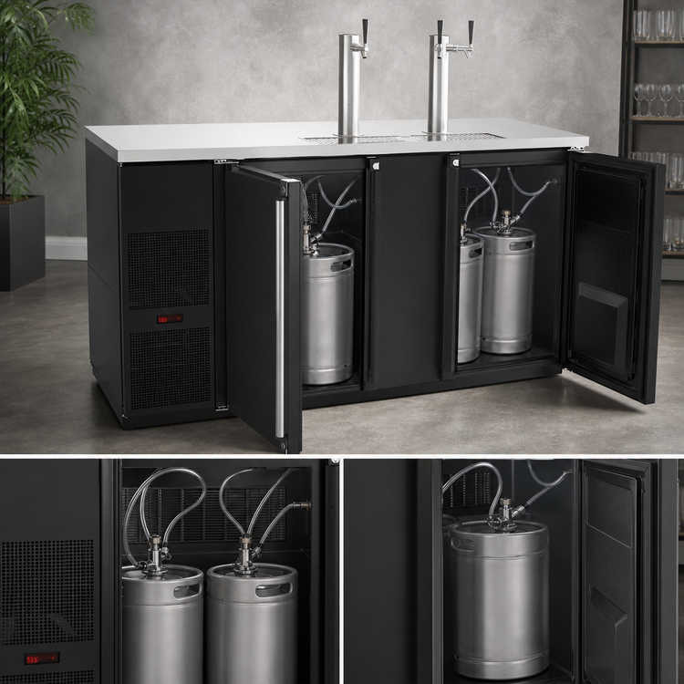 Product image #3 for Pro-Line E-Series Two-Section 3-Keg Direct Draw Draft Beer Cooler with Glass Rinser, Black, 69.5-Inch Wide