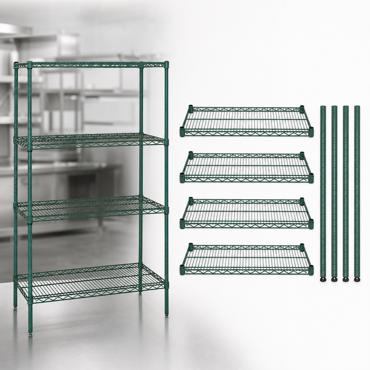 Product image #3 for Quantum 4-Shelf Stationary Wire Shelving Starter Kit, 30W x 21D x 54H, Green Epoxy