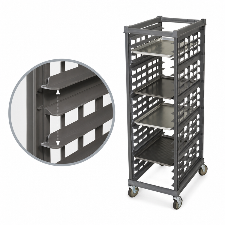 Product image #4 for Cambro Camshelving Ultimate Full-Size Mobile Sheet Pan Rack, Factory Assembled, 3-Inch Rail Spacing, Plastic Casters