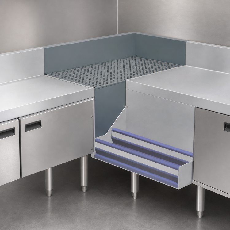 Product image #3 for Advance Tabco Prestige 90° Free-Standing Corner Filler with Removable Perforated Drainboard Top, 20 x 35-Inch