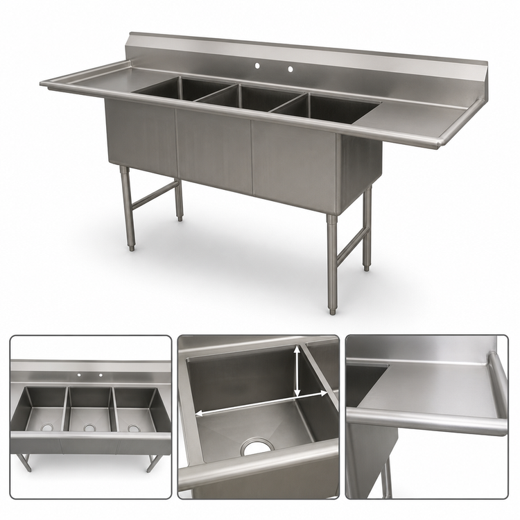 Product image #3 for Advance Tabco 3-Compartment Fabricated Sink with 24-Inch Left and Right Drainboards, 30 x 30 x 14-Inch Bowls