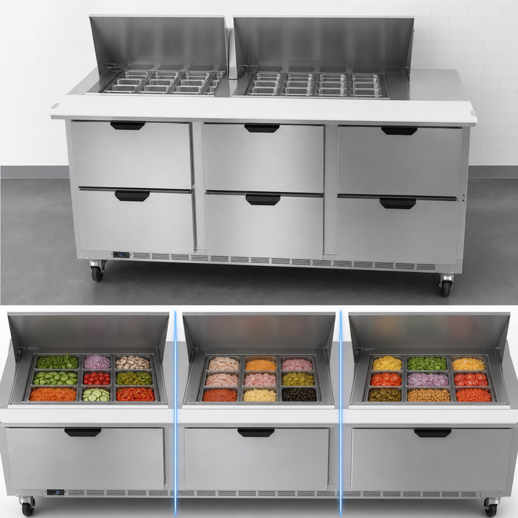 Product image #4 for Beverage Air 72-Inch Three-Section Mega Top Refrigerated Prep Table with 6 Drawers and 24-Pan Top