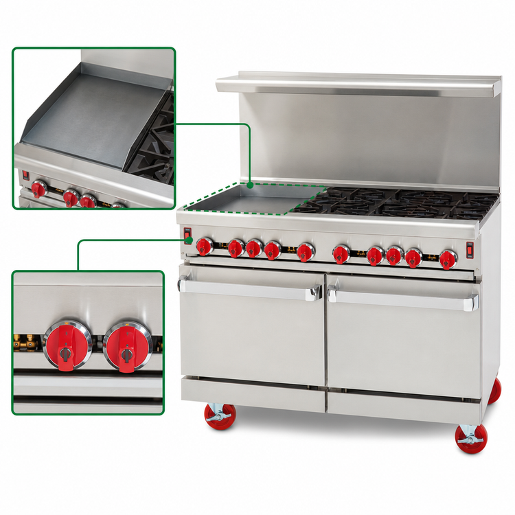 Product image #3 for American Range 48" Green Flame Commercial Gas Range with 24" Left Griddle, 4 Open Burners and 2 Space Saver Ovens