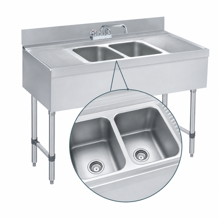 Product image #3 for Advance Tabco Underbar Basics 48-Inch 2-Compartment Stainless Steel Bar Sink Unit with Dual Drainboards and Deck-Mount Faucet