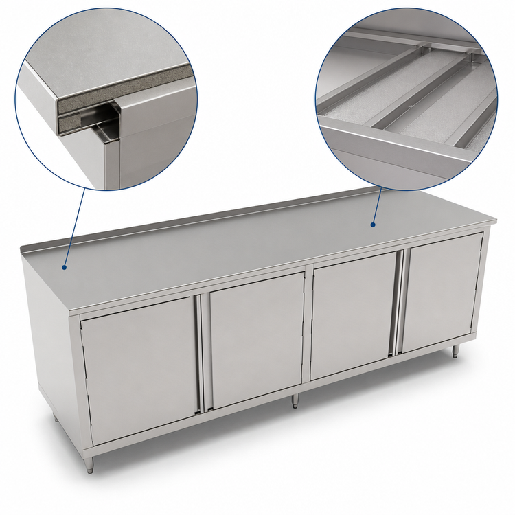 Product image #3 for John Boos 108"W x 30"D Enclosed Stainless Steel Cabinet Base Work Table with Hinged Doors and 1-1/2" Rear Riser