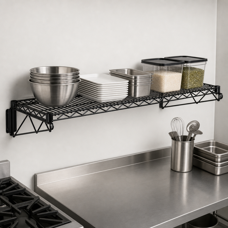 Product image #3 for Quantum Wall-Mount Cantilever Single Wire Shelf, 72 Inch W x 14 Inch D, Black Epoxy Antimicrobial Finish