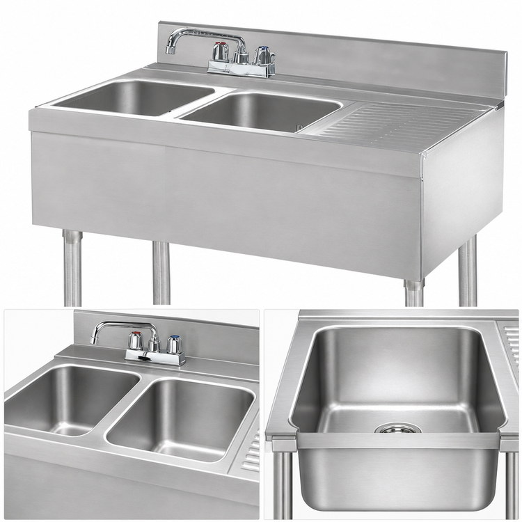 Product image #3 for Advance Tabco Underbar Basics 2-Compartment Stainless Steel Bar Sink Unit with Right Drainboard and Deck-Mount Faucet