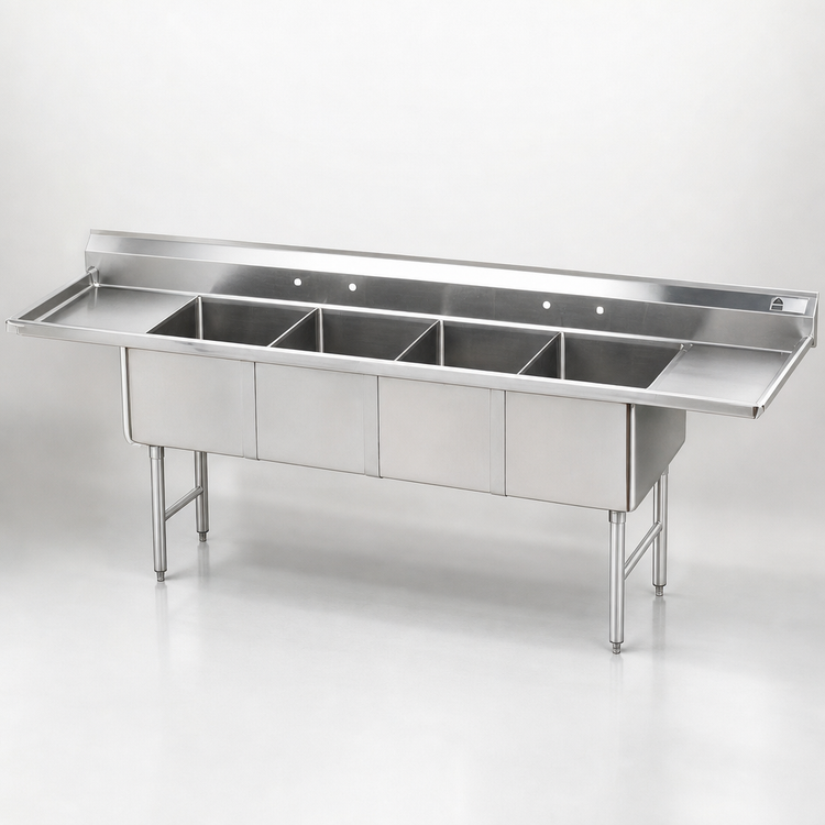 Product image #3 for Advance Tabco 4-Compartment Fabricated Stainless Steel Sink with Left and Right Drainboards, 24-Inch Bowls, 144-Inch Overall Length