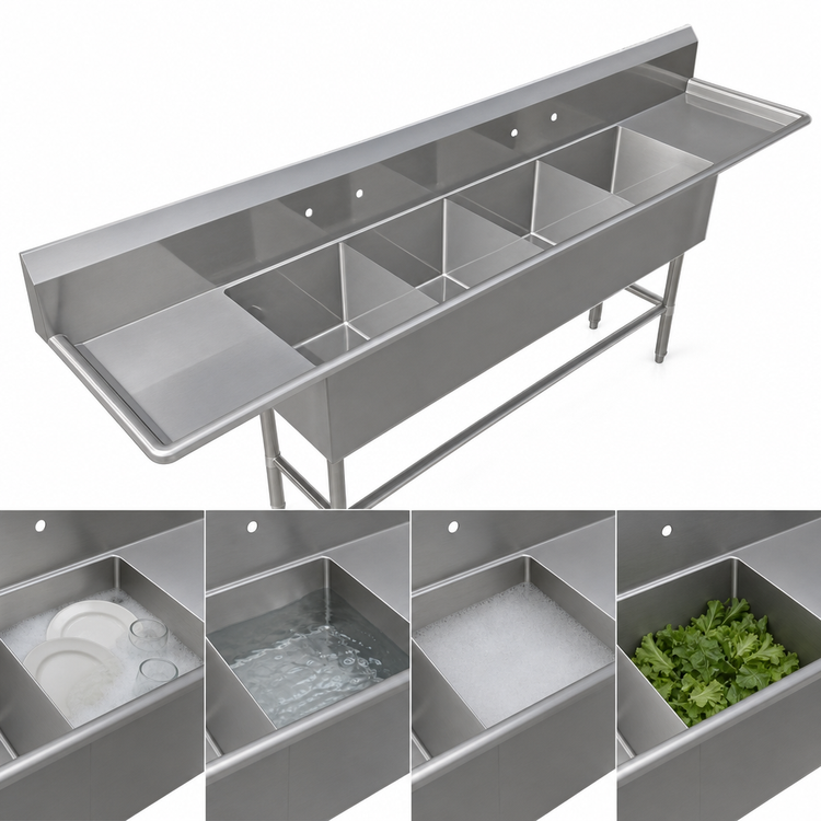 Product image #3 for John Boos Pro-Bowl 4-Compartment Sink with Left and Right Drainboards, 18 x 18 x 14 Inches Bowls, 14-Gauge Stainless Steel