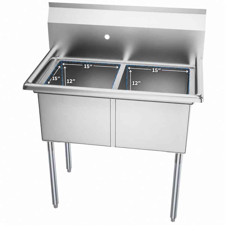 Product image #3 for KoolMore 36-Inch Freestanding 2-Compartment Stainless Steel Commercial Sink with Backsplash and Adjustable Feet