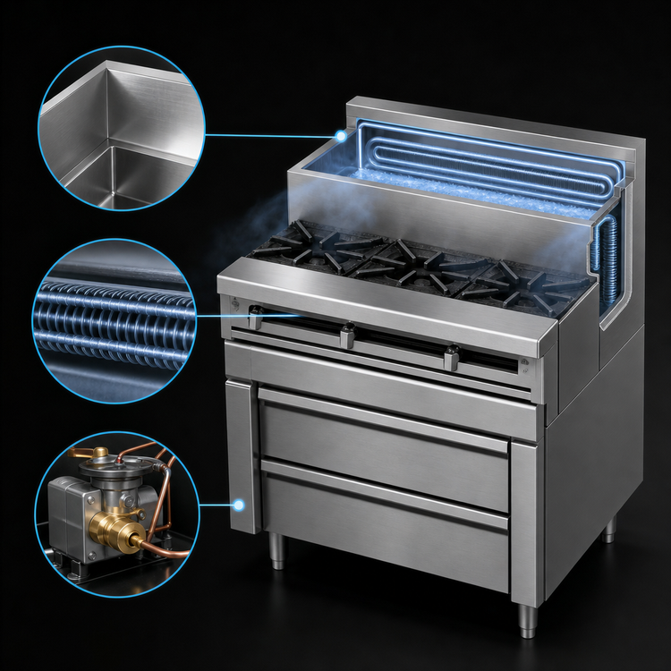 Product image #3 for Jade Range Titan JMSS-04-T-48 48" Gas Sauté Station with 4 Open Burners and Refrigerated Cold Rail