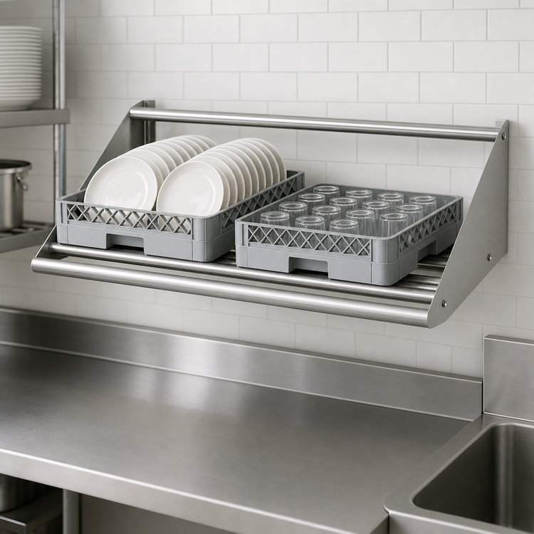 Product image #3 for Advance Tabco 42-Inch Wall-Mounted Tubular Stainless Steel Sorting Shelf for 2 Full-Size Dish Racks