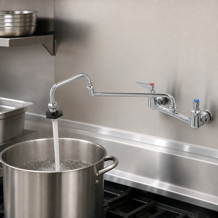 Product image #3 for T&S Brass Low-Lead Wall-Mount Pot Filler Faucet with 18-Inch Double-Jointed Nozzle, 8-Inch Centers