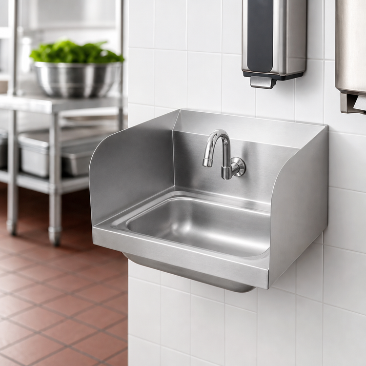 Product image #3 for John Boos Pro-Bowl Wall-Mounted Stainless Steel Hand Wash Sink with Left and Right Side Splashes, 14 x 10 x 5 Inch Bowl