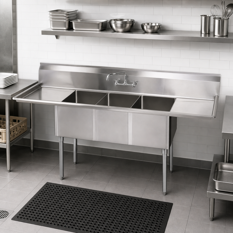 Product image #3 for John Boos E-Series 3-Compartment Sink with Left and Right Drainboards, 14-Inch Deep Compartments, 102-Inch Overall Width
