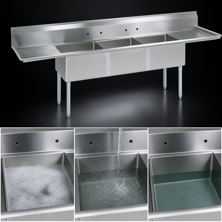 Product image #3 for BK Resources Three-Compartment Stainless Steel Sink with Dual Drainboards, 120-Inch Overall Length