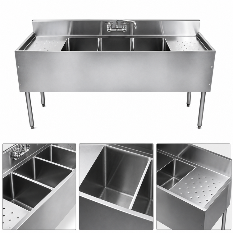 Product image #3 for Choice by Glastender Three Compartment Underbar Sink Unit with Left and Right Drainboards, 96-Inch Wide, 19-Inch Deep