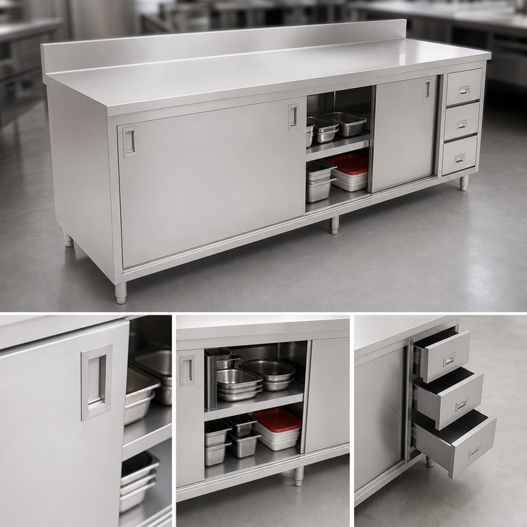 Product image #3 for Omcan USA Stainless Steel Enclosed Work Table with Sliding Doors and 3 Drawers, 60 x 30 x 42 Inches, 6 Inch Backsplash