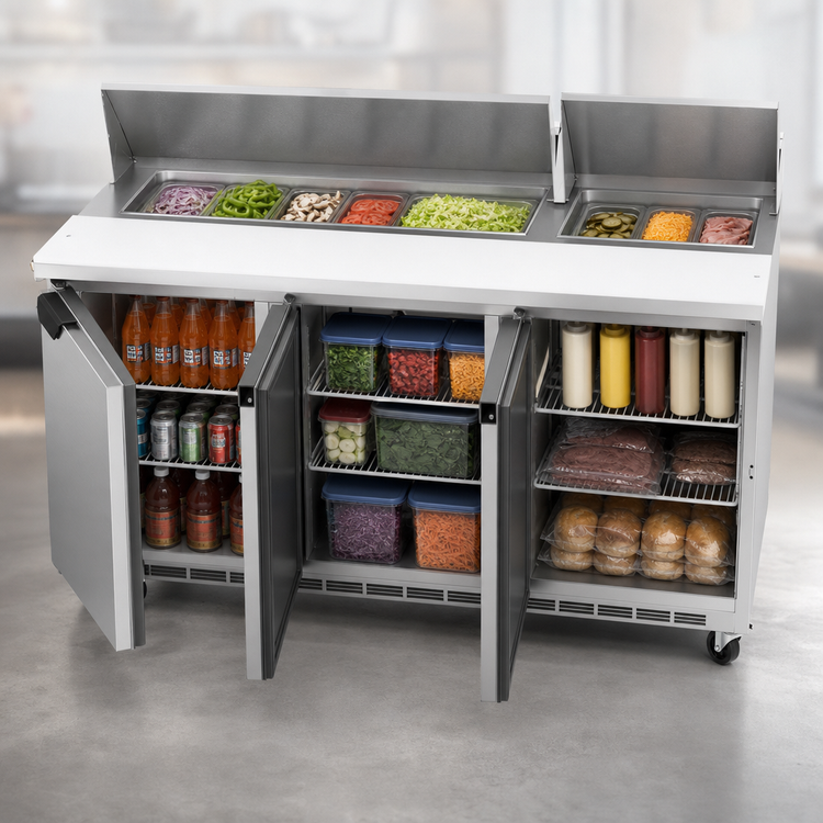 Product image #4 for Beverage-Air Three-Section Sandwich Top Refrigerated Prep Table, 72-Inch Wide, 3 Doors, 18-Pan Top