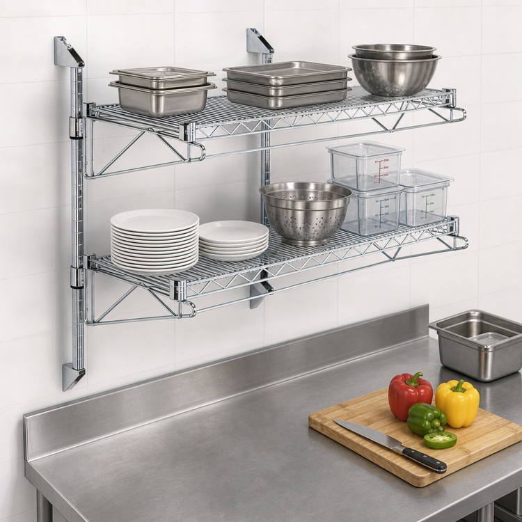 Product image #3 for Quantum Cantilever Double-Shelf Post Wall-Mount Wire Shelving Unit, 2 x 60 x 12 Inch Shelves, Chrome Plated