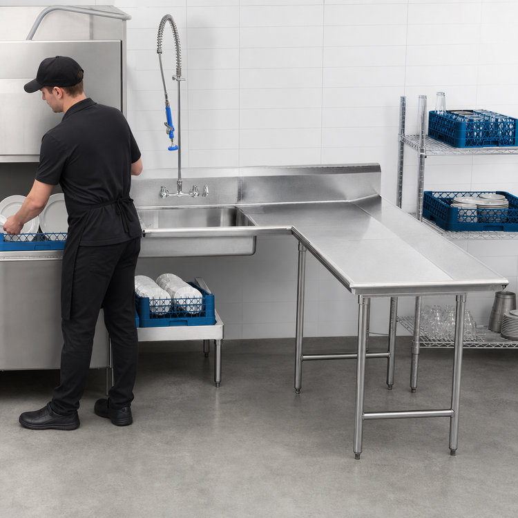 Product image #3 for Advance Tabco Right-Hand L-Shaped Dish Table with Landing and Pre-Rinse Sink, 59 Inch, 16/304 Stainless Steel