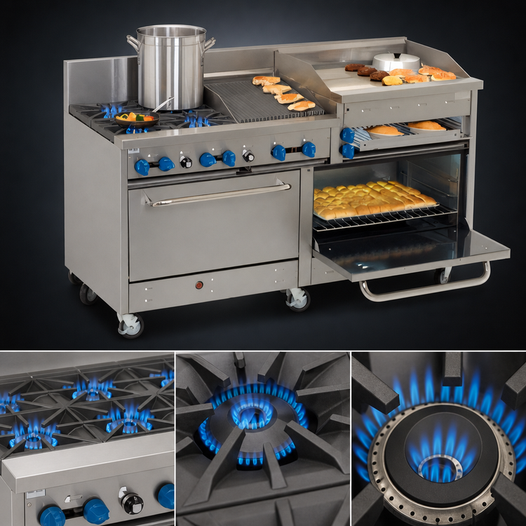 Product image #3 for Comstock-Castle 72-Inch Stainless Steel Commercial Gas Range with 8 Star Burners, 24-Inch Raised Griddle and 2 Extra-Wide Ovens