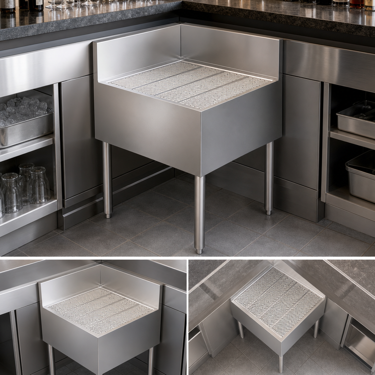 Product image #3 for Krowne Royal Series Freestanding Stainless Steel Underbar Corner Drainboard with Left End Return, 30 x 19 Inches
