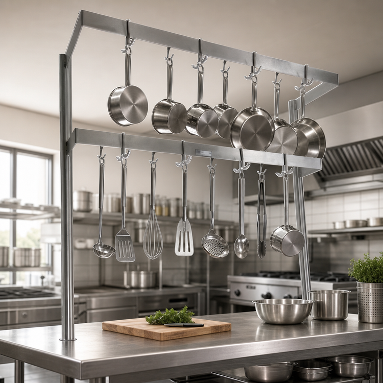 Product image #3 for John Boos PRD6 Table-Mounted Double-Bar Stainless Steel Pot Rack with 22 Double Hooks, 127-1/4 Inch Wide