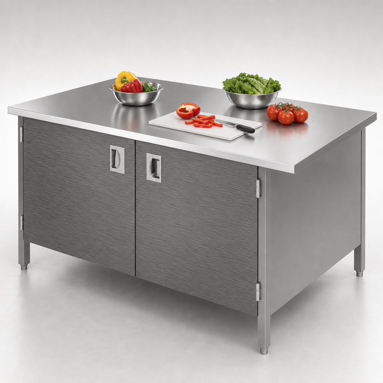 Product image #3 for 84-Inch x 30-Inch 14-Gauge 300-Series Stainless Steel Flat Top Enclosed Work Table with Cabinet Base and Hinged Doors