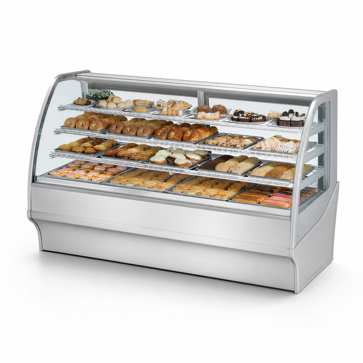 Product image #4 for True 77-1/4 Inch Curved Glass, Glass-End Dry Pastry Display Merchandiser, Stainless Steel Floor Model