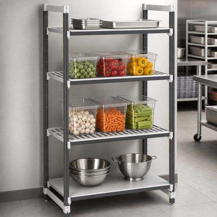 Product image #3 for Cambro Camshelving Elements XTRA 4-Tier Stationary Starter Polymer Shelving Unit, 24 x 54 x 84 Inches, Speckled Gray