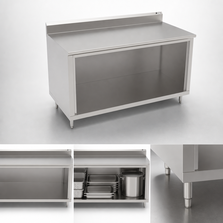 Product image #3 for John Boos 48" x 30" Stainless Steel Work Table with Open Front Cabinet Base and 5" Backsplash