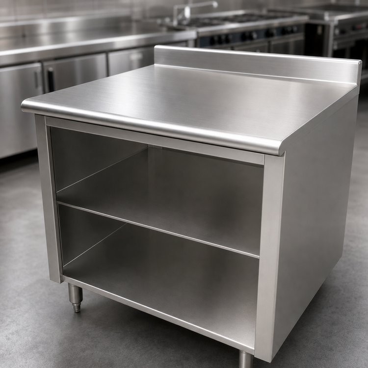 Product image #3 for Advance Tabco 84-Inch x 30-Inch 304 Stainless Steel Work Table with Open Front Cabinet Base, Mid-Shelf, and 5-Inch Backsplash