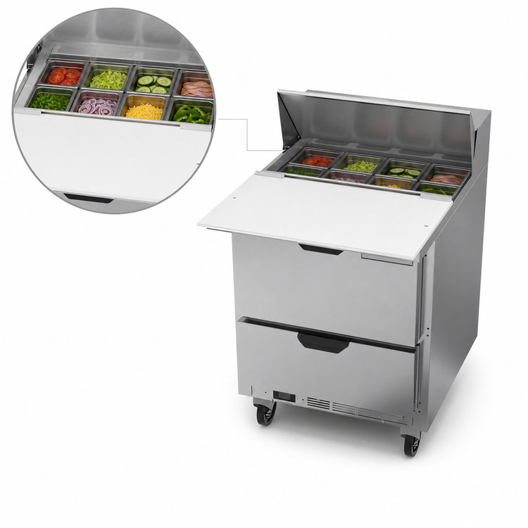 Product image #4 for Beverage-Air 27-Inch One-Section Refrigerated Sandwich Prep Table with 2 Drawers, 8-Pan Top, and Cutting Board