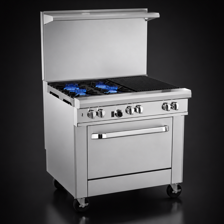 Product image #3 for Southbend Ultimate 36-Inch Gas Restaurant Range with 2 Open Burners, 24-Inch Charbroiler, Cabinet Base, and Hi Shelf