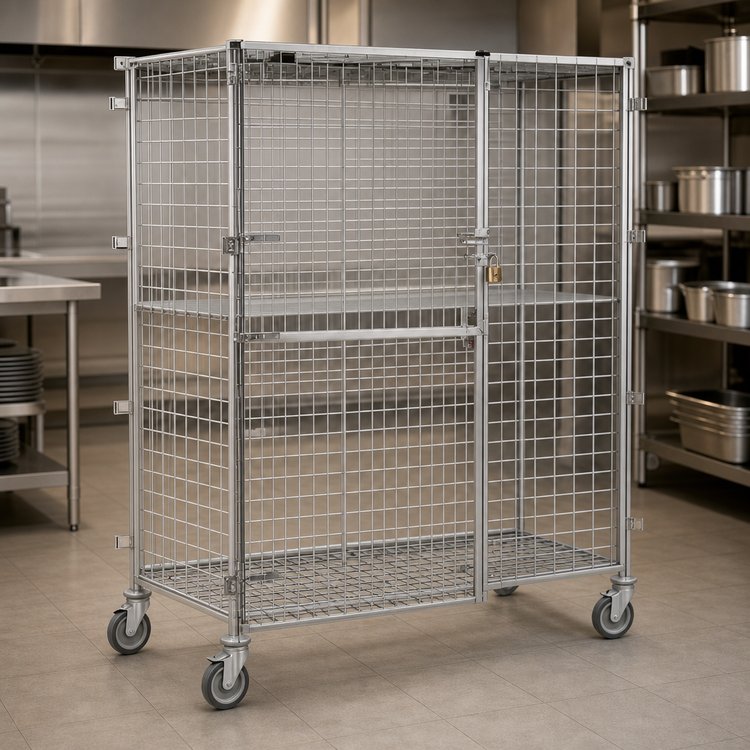 Product image #3 for Mobile Open-Wire Stainless Steel Security Cage with 2 Doors and Padlock Hasps, 51-1/4W x 33-1/4D x 69H