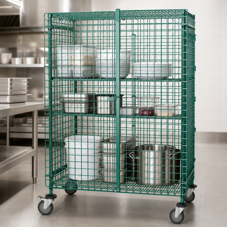 Product image #3 for Quantum Mobile Wire Security Cage, 48" W x 24" D x 69" H, Green Epoxy Finish