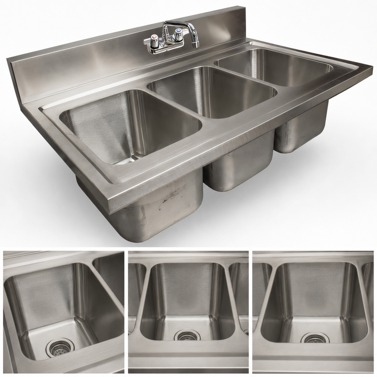 Product image #3 for BK Resources 36-Inch 3-Compartment Drop-In Sink, 18-Gauge 304 Stainless Steel, 5-Inch Riser
