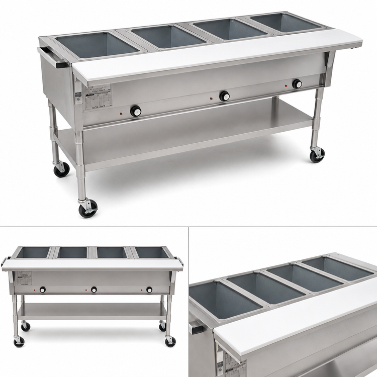 Product image #3 for Portable Electric Hot Food Table with 4 Dry Wells and Cutting Board, Open Shelf Base, 66 Inch Wide, 208V
