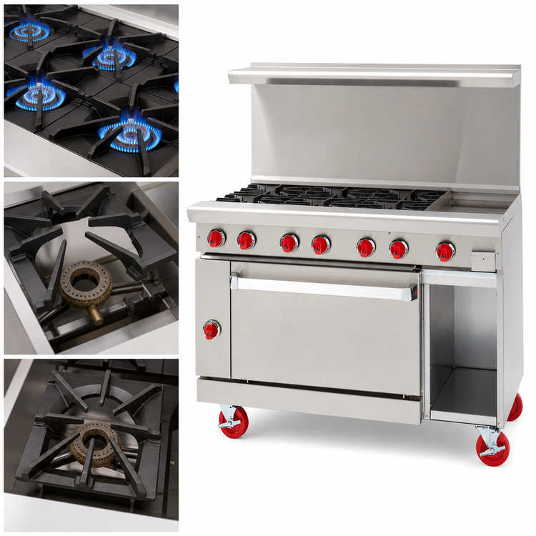 Product image #3 for American Range 48-Inch 8-Burner Gas Restaurant Range with 26-1/2-Inch Standard Oven Left and 11-Inch Storage Base Right