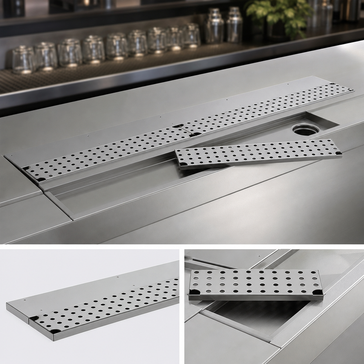 Product image #3 for 48-Inch Stainless Steel Bar Drink Rail with 2 Removable Grates and Right-Side Drain