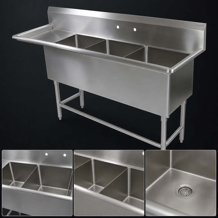 Product image #3 for John Boos Pro-Bowl 3-Compartment Sink with Left Drainboard, 24 x 24 x 14-Inch Bowls, 16-Gauge Stainless Steel