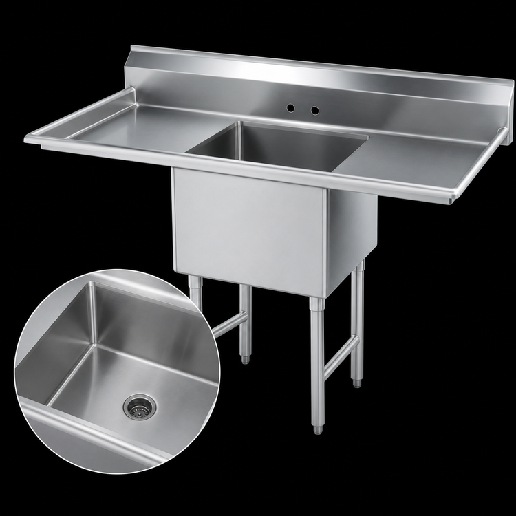 Product image #3 for Fabricated 1-Compartment Sink with Left and Right Drainboards, 24 x 24 x 14 Bowl, 60 Inch Wide