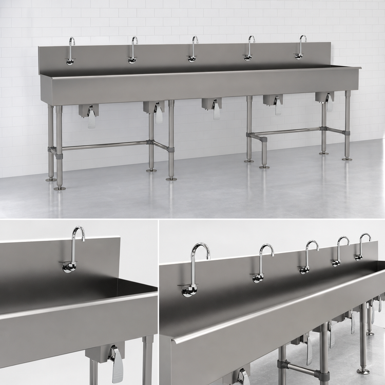 Product image #3 for Advance Tabco 5-Station Freestanding Multiwash Hand Wash Sink with Knee Valve and Gooseneck Faucets, 100 Inch